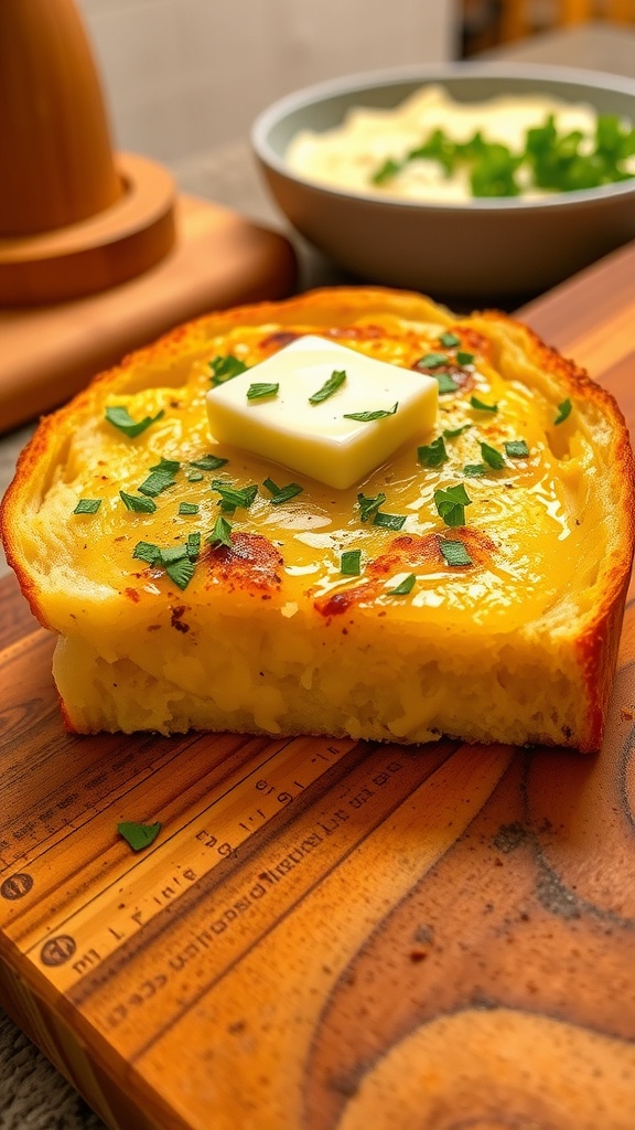 A slice of keto garlic bread topped with melted butter and parsley on a wooden board.
